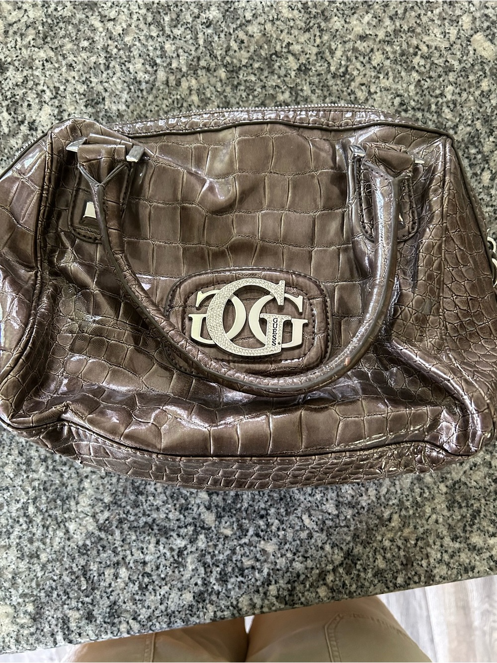 D&G Croc-Embossed Chocolate Brown Satchel with Logo Plaque